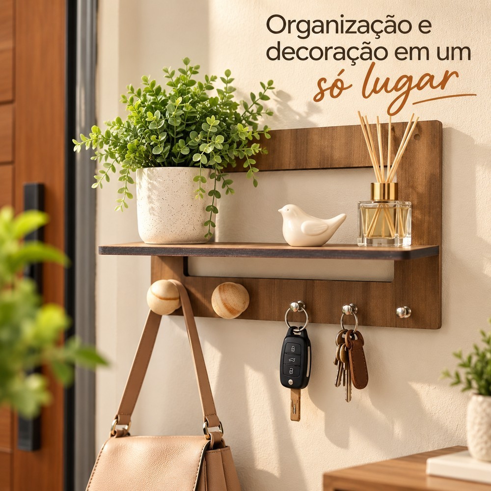 Porta Chaves com 2 Cabideiro e Prateleira Para Hall De Entrada 100%MDF cor Imbuia 6mm.