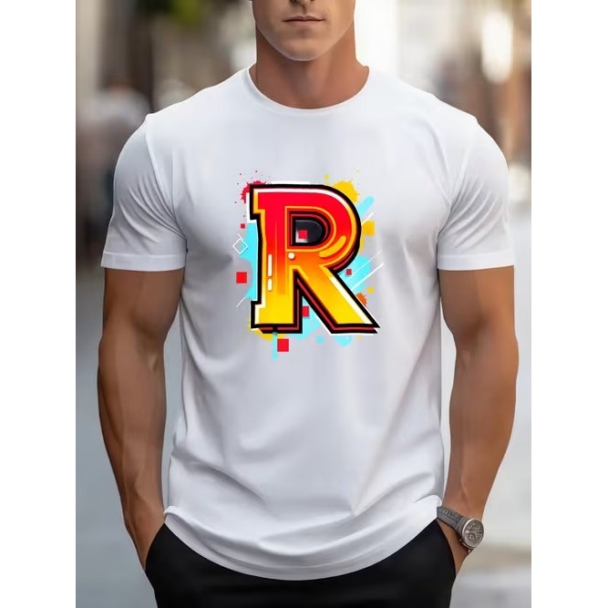Camiseta Masculina Manga Curta Estampada Letra R Moderna Confortável Estilosa Premium Moda Casual Tendência Verão