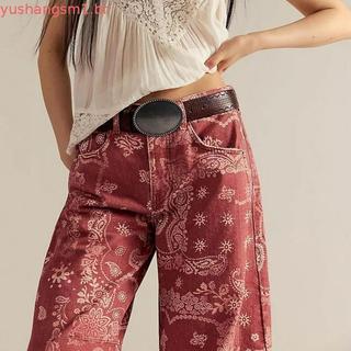 Calças Jeans Femininas de Perna Larga com Estampa Floral Solta, Novo Estilo Primavera Outono, Comprimento 7/8, Cintura M
