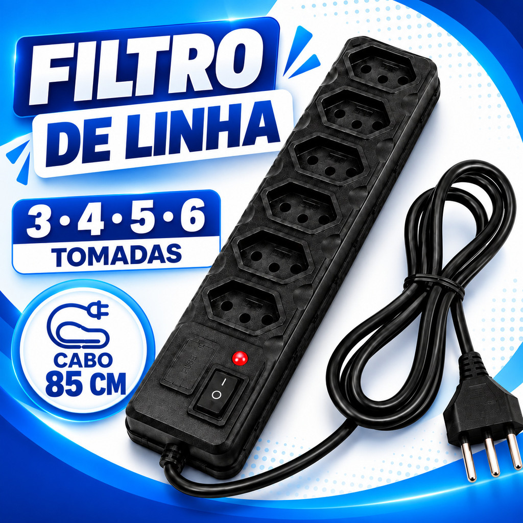 Filtro de Linha com Cabo de 85cm 3 4 5 6 Tomadas Régua Preta Fusível
