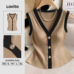 Lovito Elegante Top de Contraste em Marrom Botões com Detalhes em Blocos de Cores para primavera/verão TKB201P1D036
