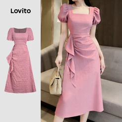 Lovito Vestido Elegante com Zíper e Babados Rosa Primavera/verão para mulheres DRBR37BR058