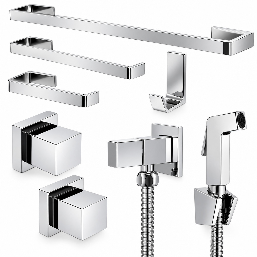 Kit de Acessórios para Banheiro Cromado + 1 Ducha Higiênica + 2 Acabamentos em Metal