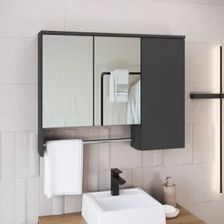 Armário Espelheira para Banheiro Olívia com 3 Portas e Toalheiro Preto/Mel/Grafite Mel/Grafite
