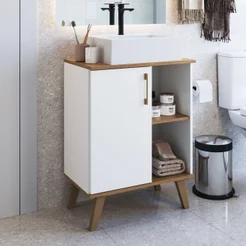 Gabinete para Banheiro 60cm com 1 Porta e 2 Prateleiras BA305 sem Cuba Branco/Mel Branco/Mel