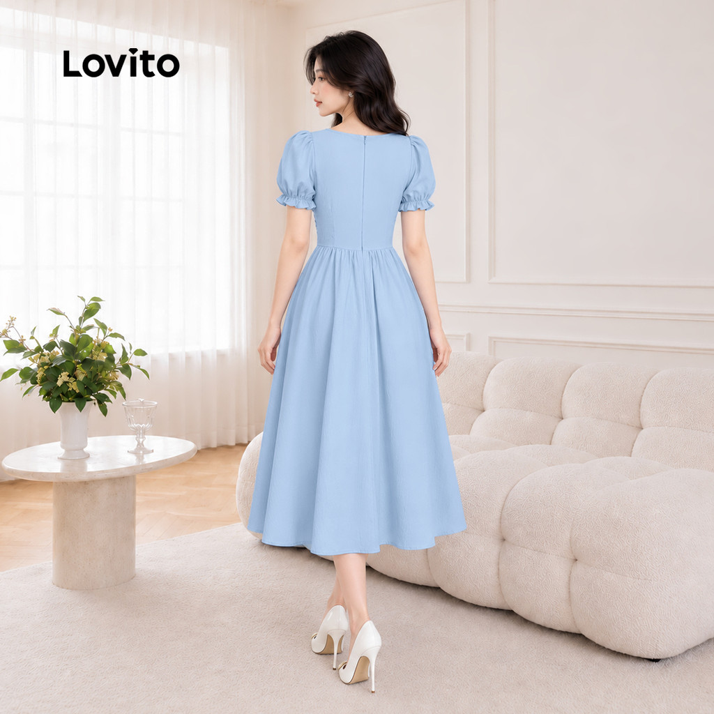 (New Arrival) Lovito Vestido Feminino Azul Elegante Liso Com Laço Frontal De Amarrar Zíper Tecido Plissado E Decoração Pregueada Longo De Corte Evasê Para Primavera E Verão Para Trabalho DRB207P1D248 — imagem 2 de 2