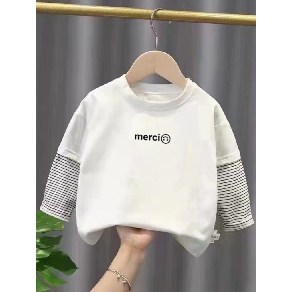 Algodão puro meninos costura listrado manga comprida camiseta 2024 primavera outono crianças bebê Anime bonito falso top
