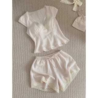 Puro desejo renda com almofada no peito pijamas de manga curta feminino verão confortável Shorts adequados para a pele L