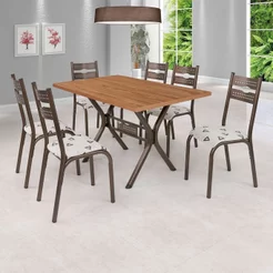 Conjunto de Mesa com 6 Cadeiras Luna Marrom/Bronze/Bege Geométrico Bronze/Bege Geométrico
