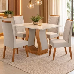 Mesa de Jantar Retangular Nubia com 4 Cadeiras Madeira Maciça Vegas Yescasa Mel/Blonde/Marfim Mel/Blonde/Marfim