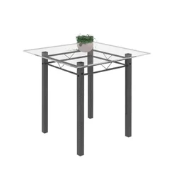 Mesa Tubular 75x75cm Tampo de Vidro 4 Lugares Júlia Prata Martelado Prata