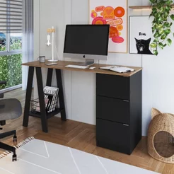 Mesa Escrivaninha Cavalete com Gavetas 135cm Mel e Preto Mel/Preto