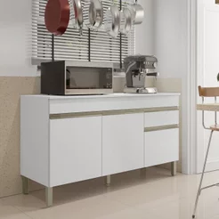 Balcão 3 Portas 1 Gaveta 150cm com Tampo Line Branco/Supremo Supremo