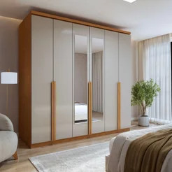 Guarda-Roupa Casal 6 Portas 4 Gavetas com Espelho MDF 230cm Alonzo Marrom Amêndoa Clean/Off White Amêndoa Clean/Off