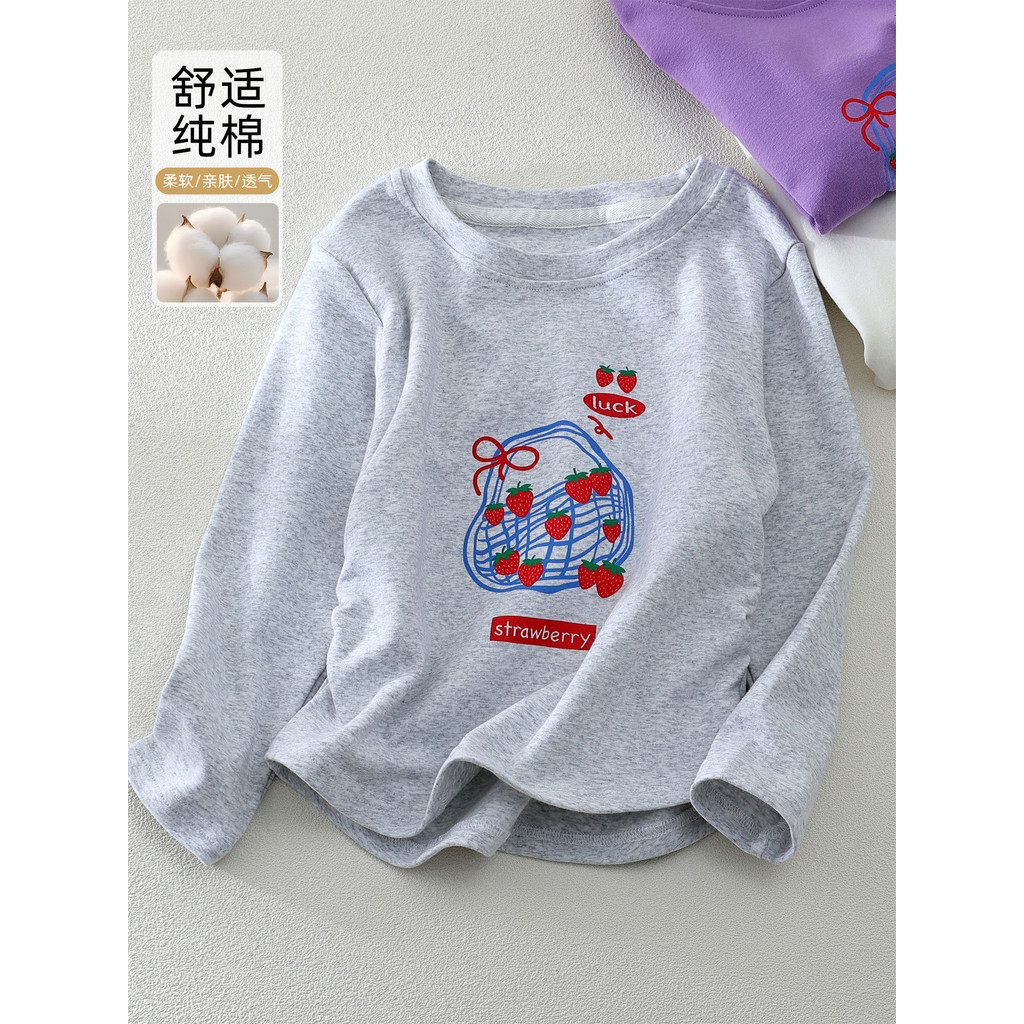 Meninas puro algodão manga comprida camiseta primavera outono morango impressão camisa de fundo meninas moda cintura est