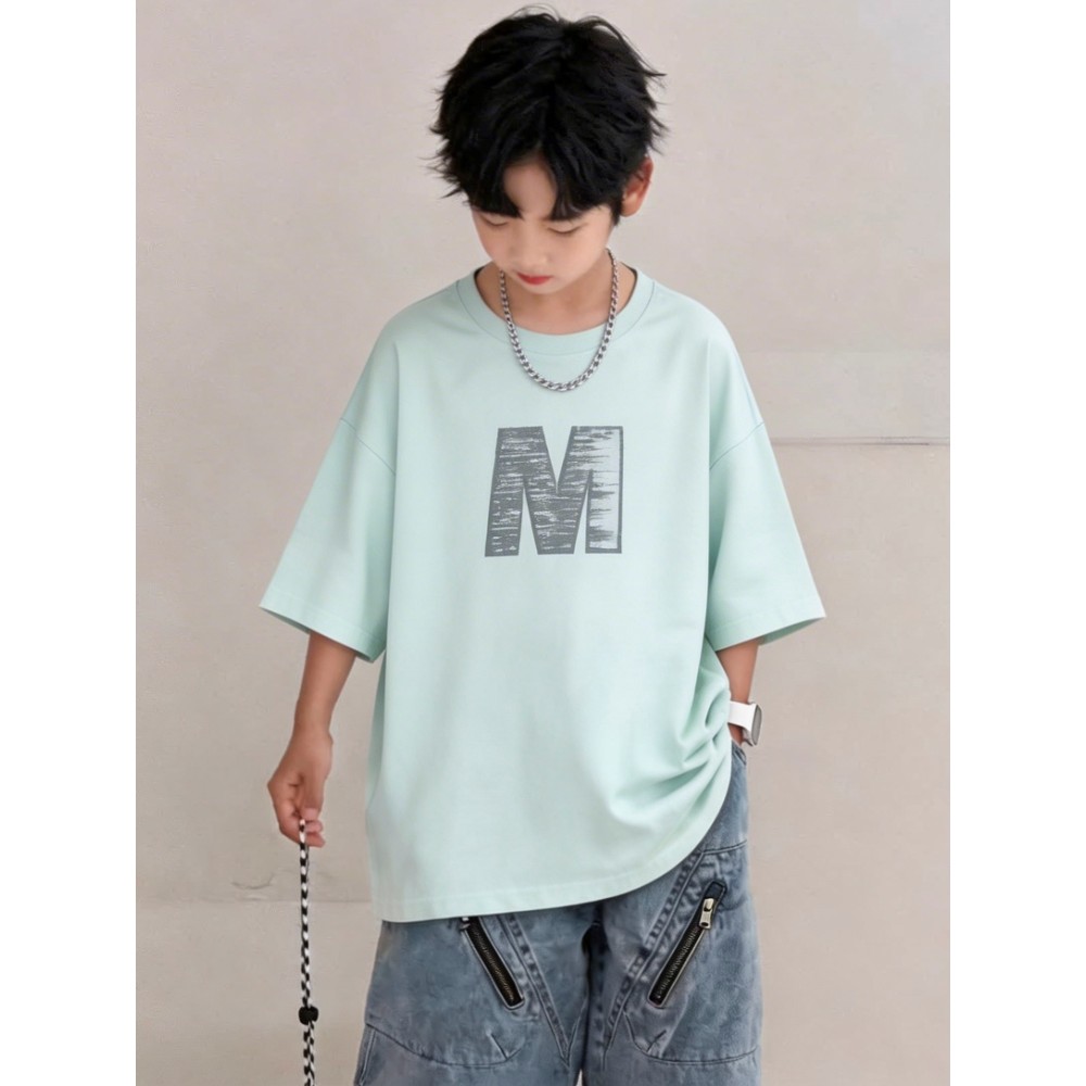 Meninos 2026 novo estilo verão Casual impresso manga curta camiseta crianças médio grande crianças rufião bonito estilo 