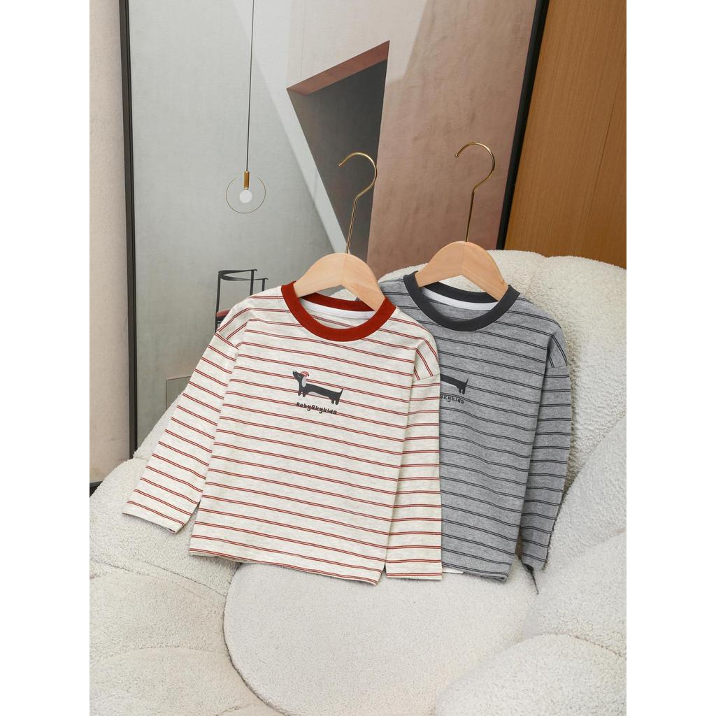 Crianças contraste cor em torno do pescoço de manga comprida topo menino bebê versão coreana Retro listrado camiseta men