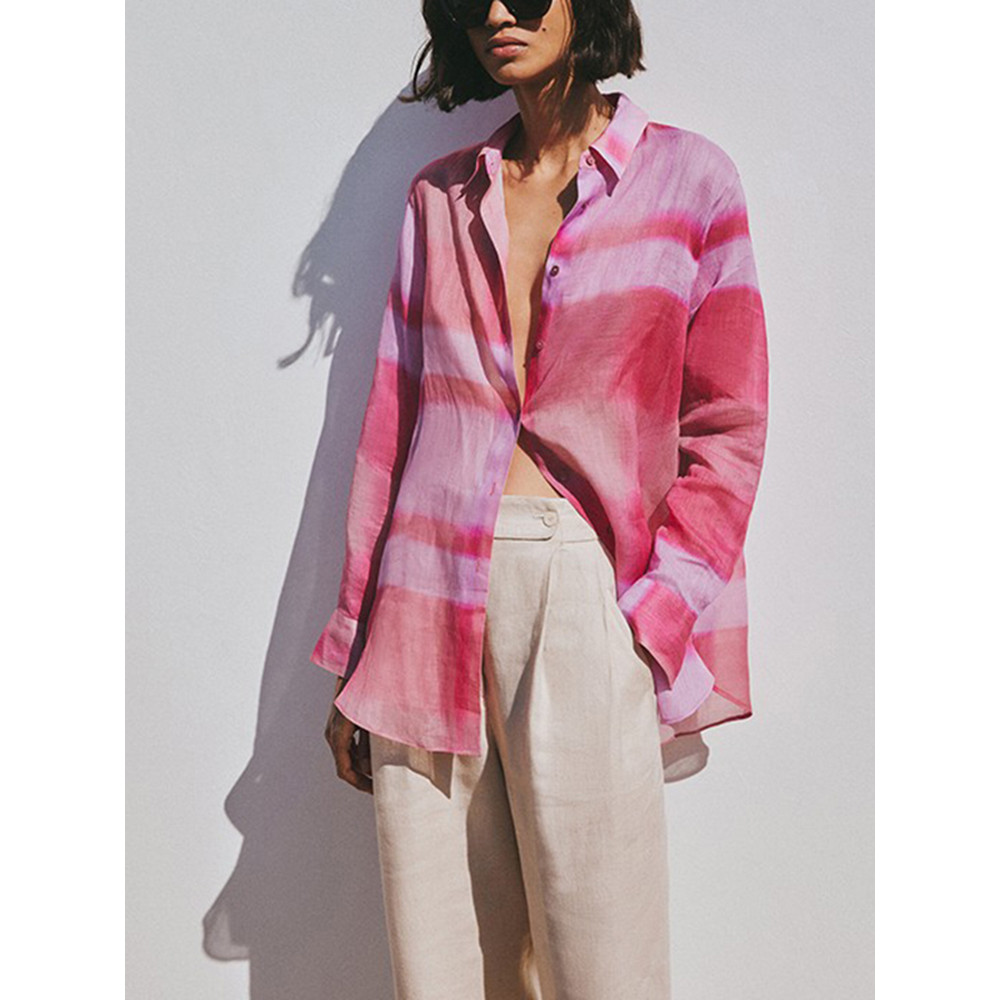 MD Feminino Primavera Verão Novos Produtos All-Match Manga Comprida Solta Design Impresso Gradiente Rosa Moda Simples Ca