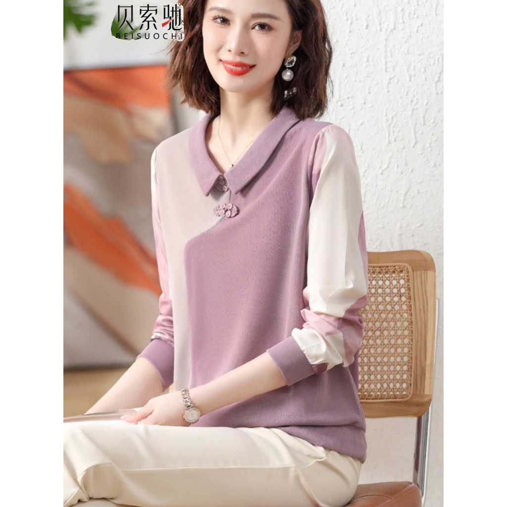 Mãe de meia-idade primavera estilo ocidental manga comprida lapela camiseta pequena camisa de meia-idade mulheres idosas