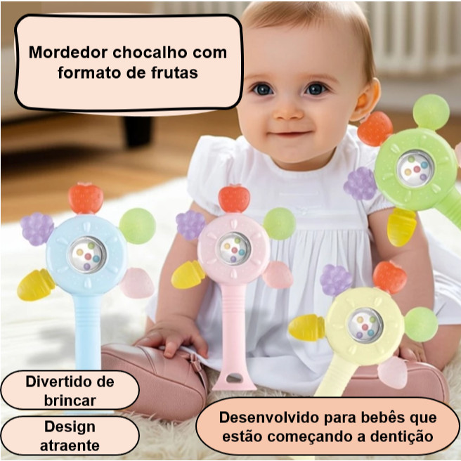 Mordedor e Chocalho para Bebê – Brinquedo de Dentição, Sensorial e Educativo para Coordenação