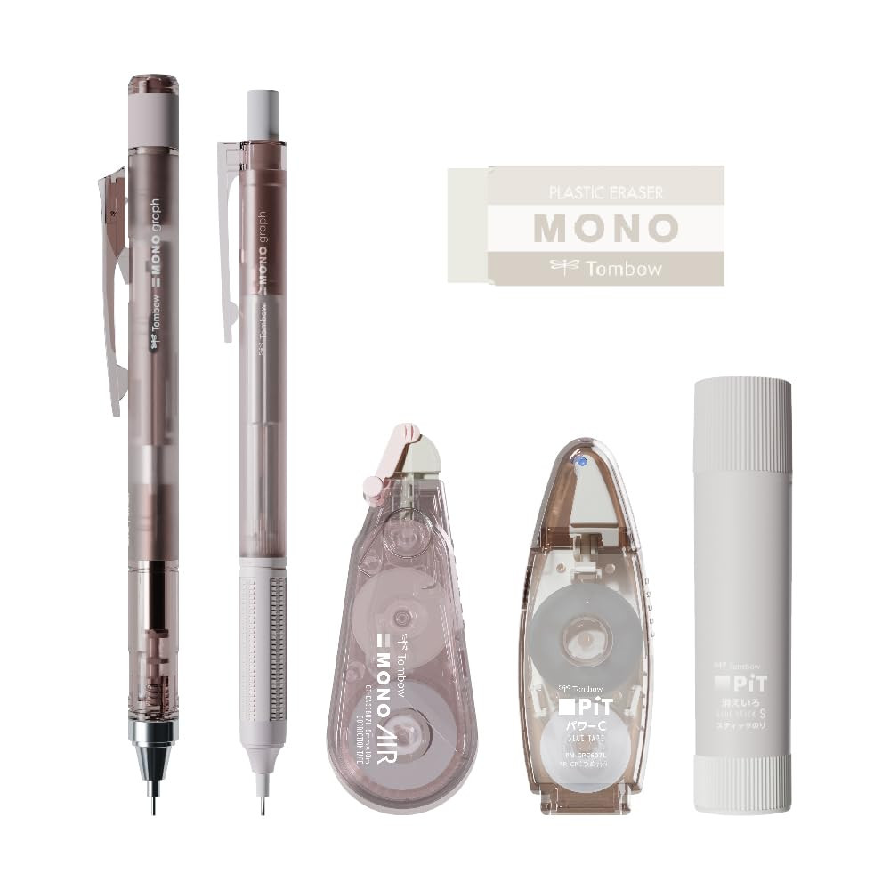 Conjunto de materiais de escritório Trident MONO × PiT Pastel Glass Marrom 6 peças (2 lápis mecânicos 0,5mm, borracha,