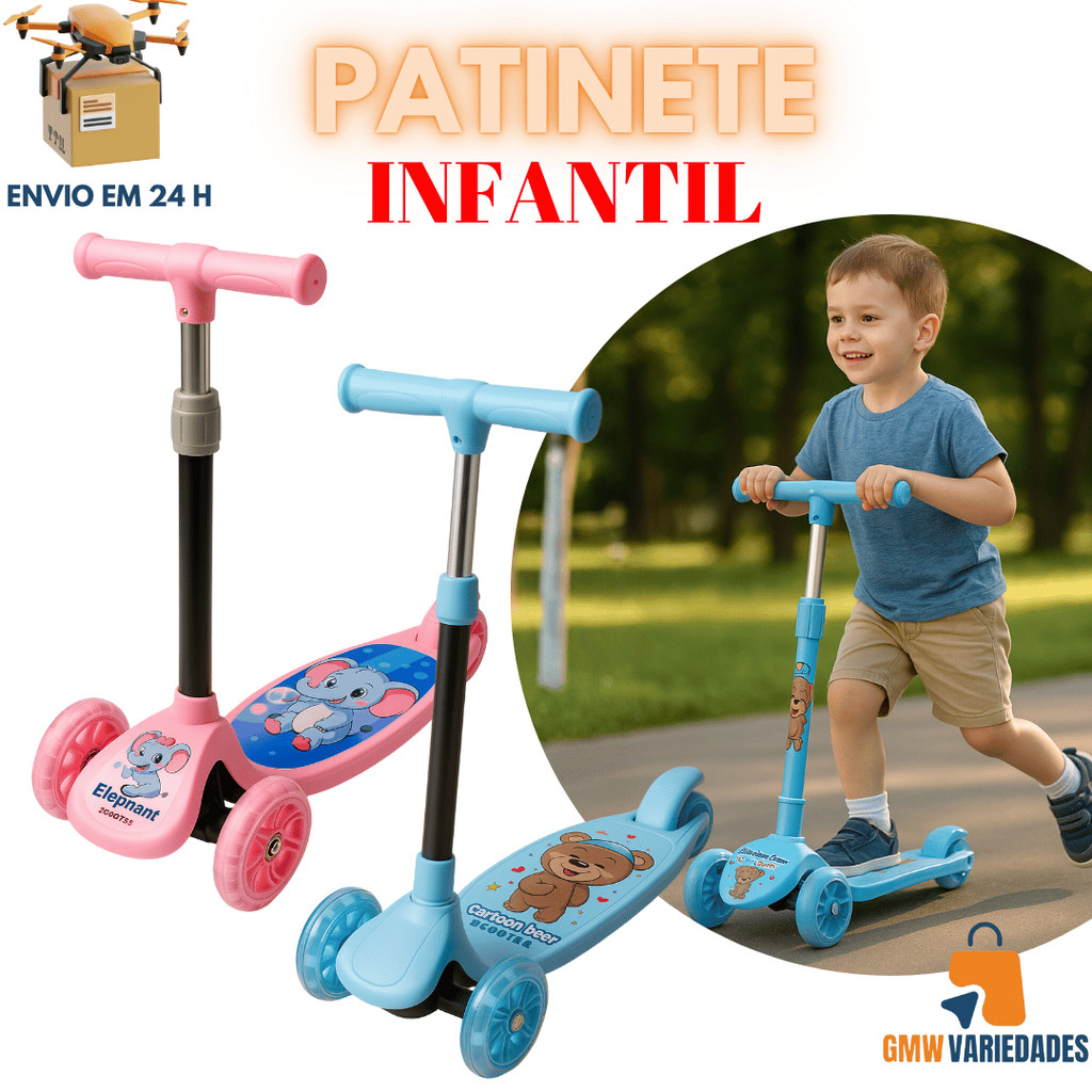 Patinete Infantil Rosa Ou Azul Com 3 Rodas E Led – Tema Variado, Leve E Seguro