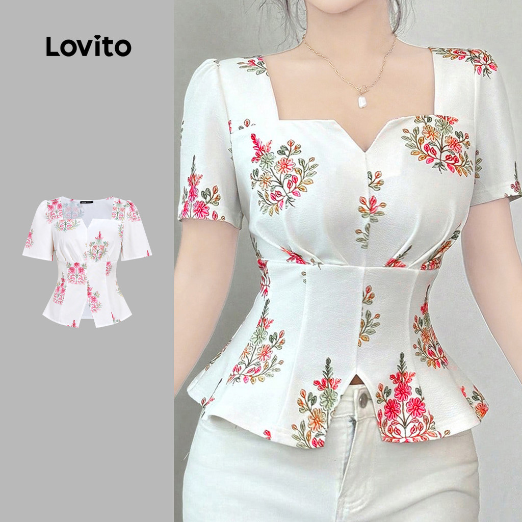 Lovito Blusa Elegante com Flores Abertura Frontal Blusa de Primavera/verão para Mulheres L155ED020
