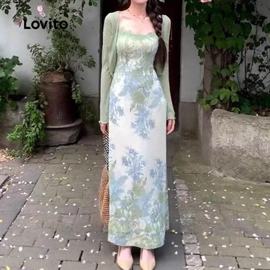 Detalhes do Lovito Tecido de Vestido Elegante Costura de Renda Vestido de Primavera/verão para mulheres LNE117063