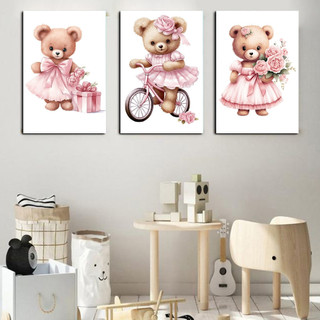 Quadros de decoração para quarto infantil, Ursinha, ursa rosa, Bicicleta flores, kit com…