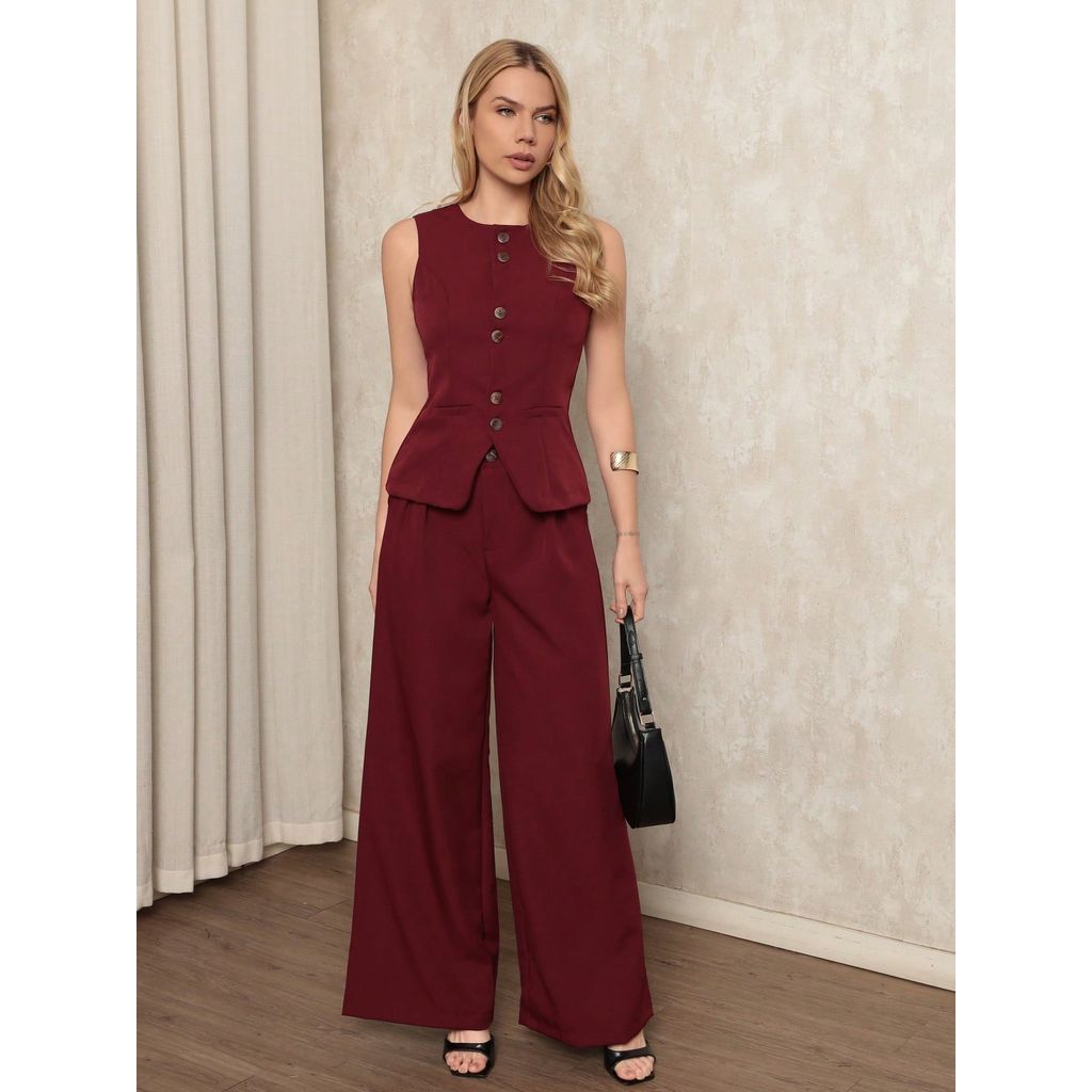 Conjunto Alfaiataria Feminina Colete Sem Manga e Calça Pantalona Elegante em Oferta na Shopee