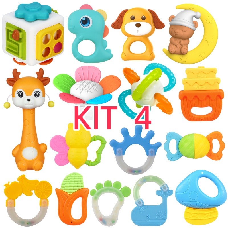 Conjunto de brinquedos para bebês com 4 chocalhos e mordedores coloridos e macios em Oferta na Shopee