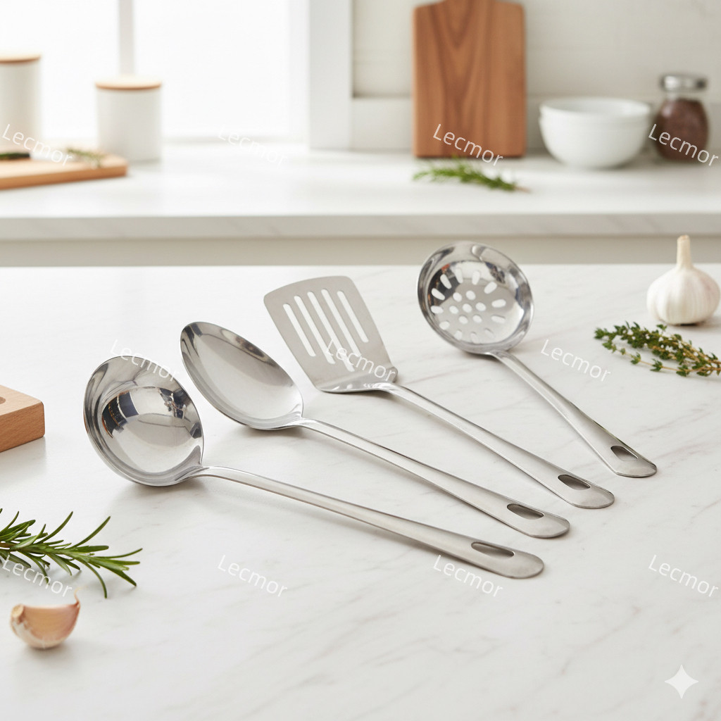 Kit 4 Utensílios de Cozinha em Aço Inoxidável Colher De Arroz e Sopa,Espátula e Escumadeira