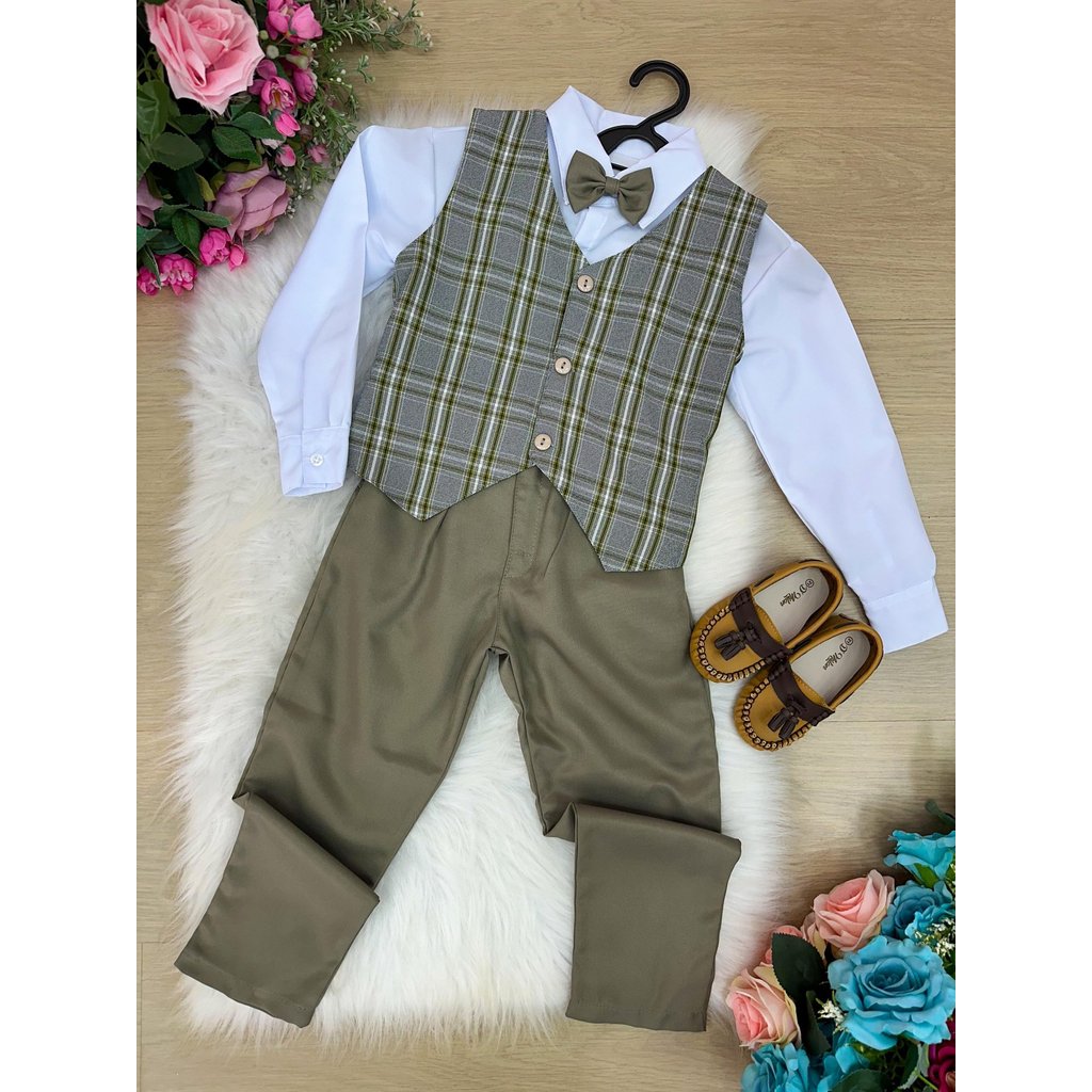 Conjunto Colete Infantil Xadrez Verde Batizado Camisa Social Manga Longa Calça Gravata Menino