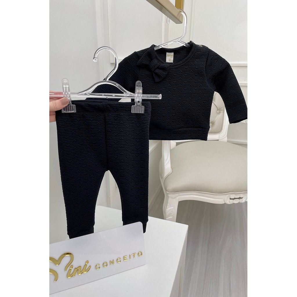Conjunto Infantil casaco manga longa Moletom Corações 3D Preto Calça laço