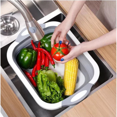 Bacia de Silicone Retrátil com Tabua Lavar e Cortar Suporte Cesto de Lavar Legumes verduras