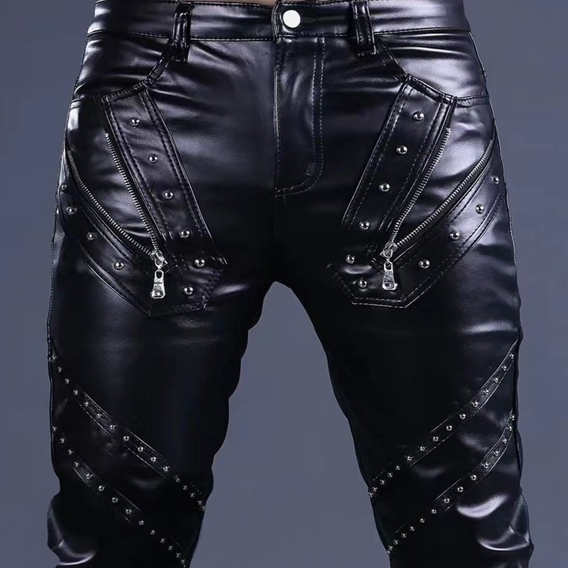 Calças de couro masculinas versão coreana magro-ajuste calças magras ciclismo desempenho da motocicleta calças na moda v