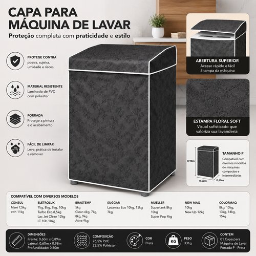 Capa Protetora Forrada Máquina Lavar Cinza Durável Resistente