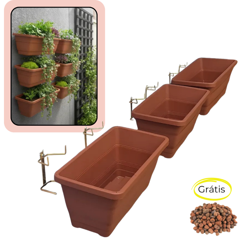 Kit 3 Jardineira 9,7L com Suportes Reto de Parede - Ideal para Horta Vertical - Floreira Retangular - 3JR42_6SRAE4