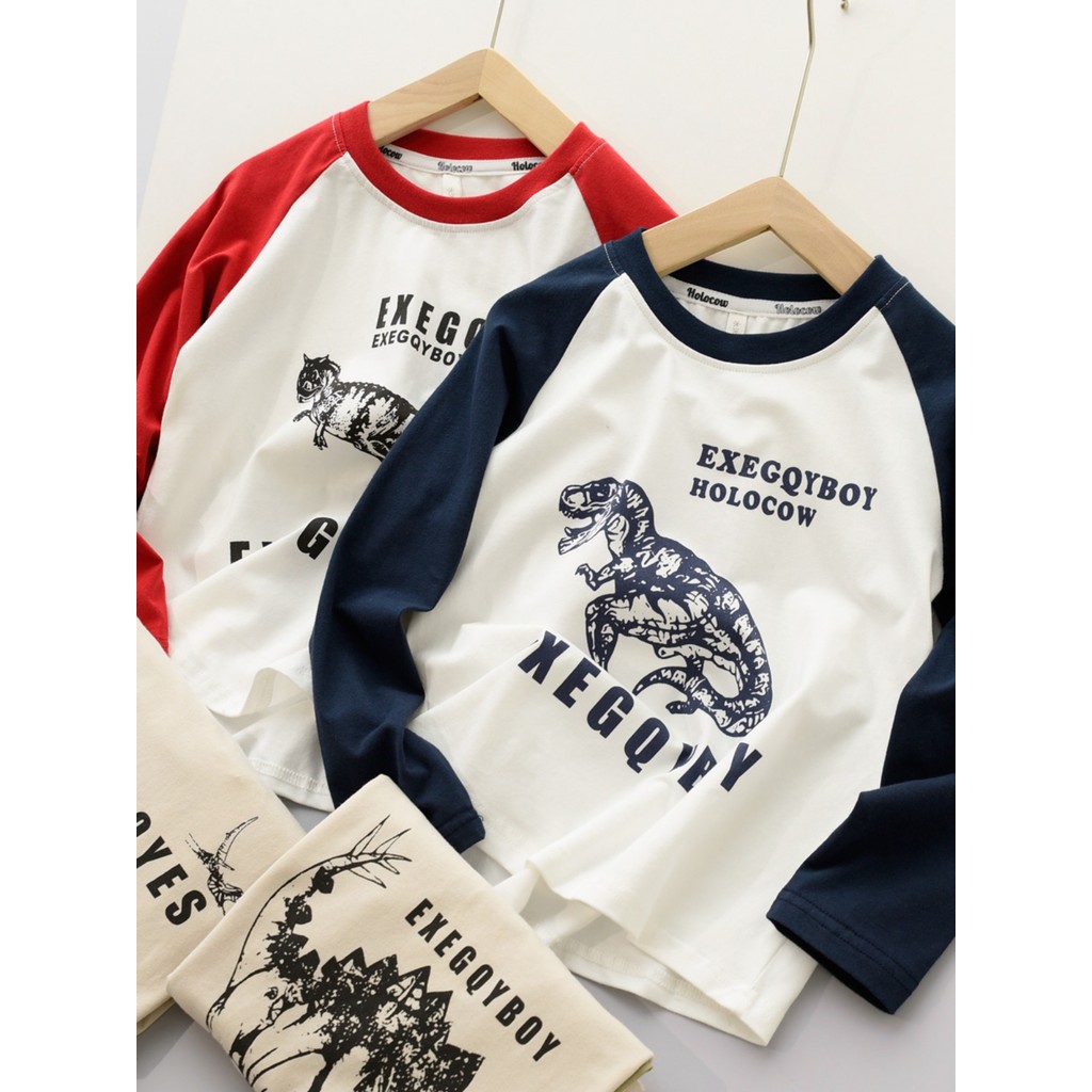 170 crianças puro algodão dos desenhos animados camiseta meninos em torno do pescoço cor-bloqueio de manga comprida cami