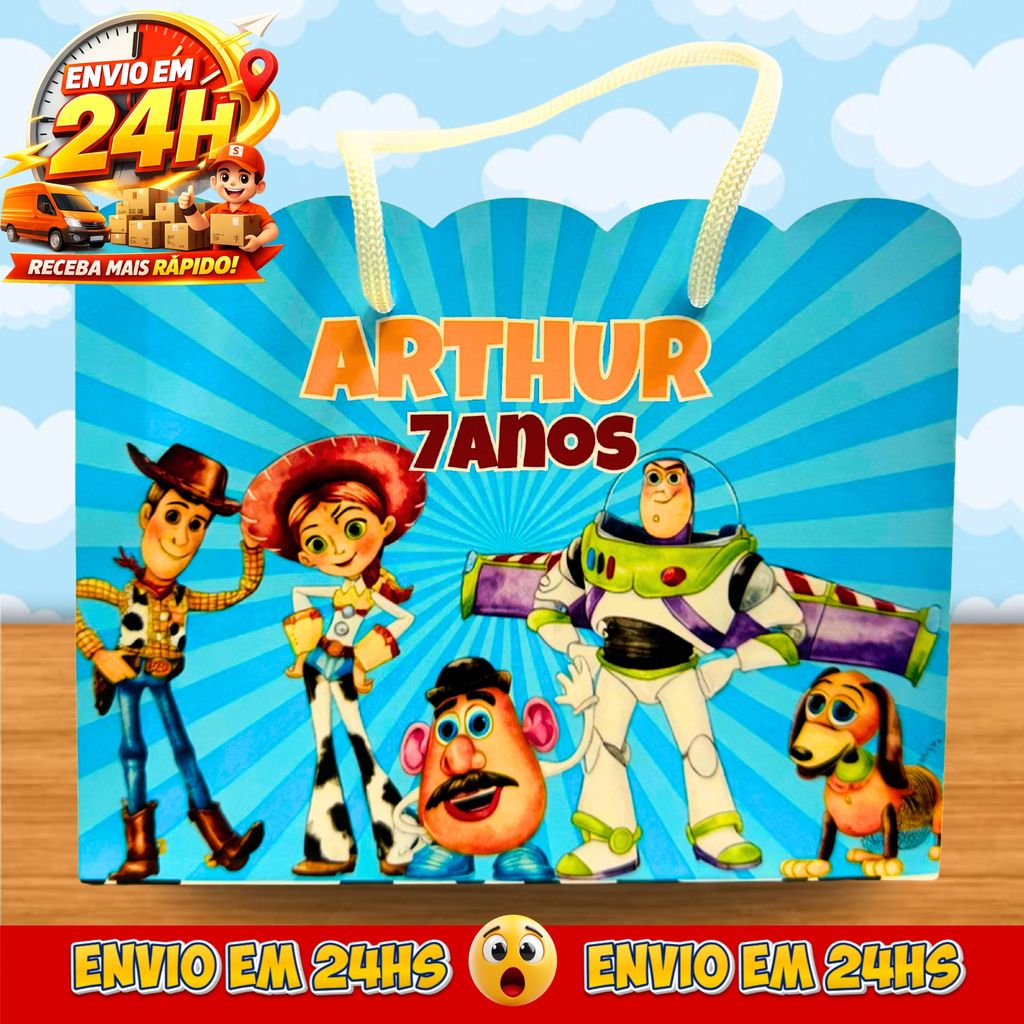Sacolinhas Toy Story Personalizadas - Lembrancinhas Toy Story brinquedos aquarela Infantil Premium com Nome e Idade
