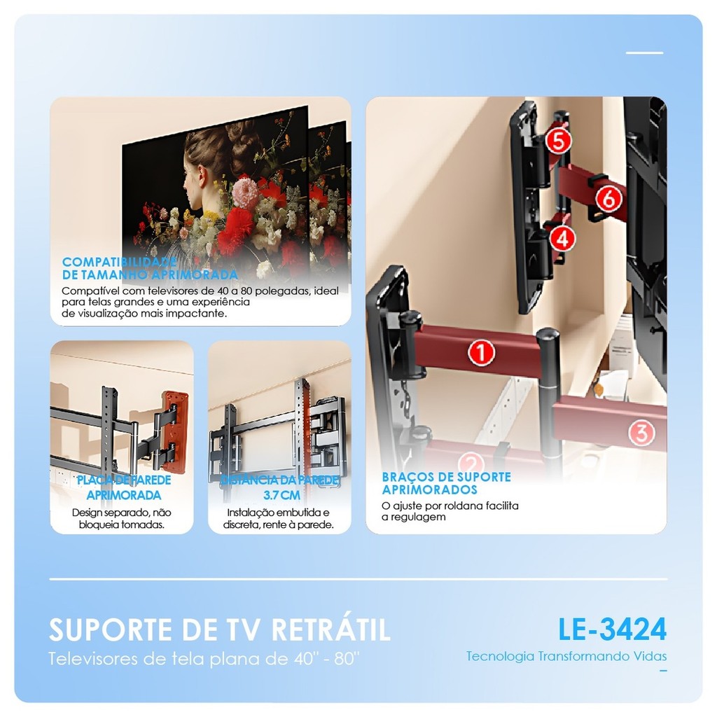 Suporte de TV Retrátil Parede para Televisão 40 a 80 Polegadas Universal VESA 50kg Ajustável LE-3424 · foto 2