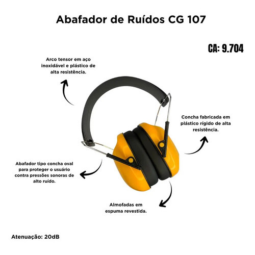 Protetor Auricular Carbografite CG 107 Tipo Concha 20dB Abafador Ruído Ouvido EPI Proteção Auditiva Amarelo · foto 2