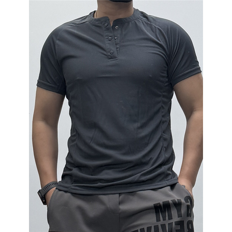 Verão masculino Ultra-fino de secagem rápida manga curta Waffle Henry colarinho estiramento camiseta esportes lazer