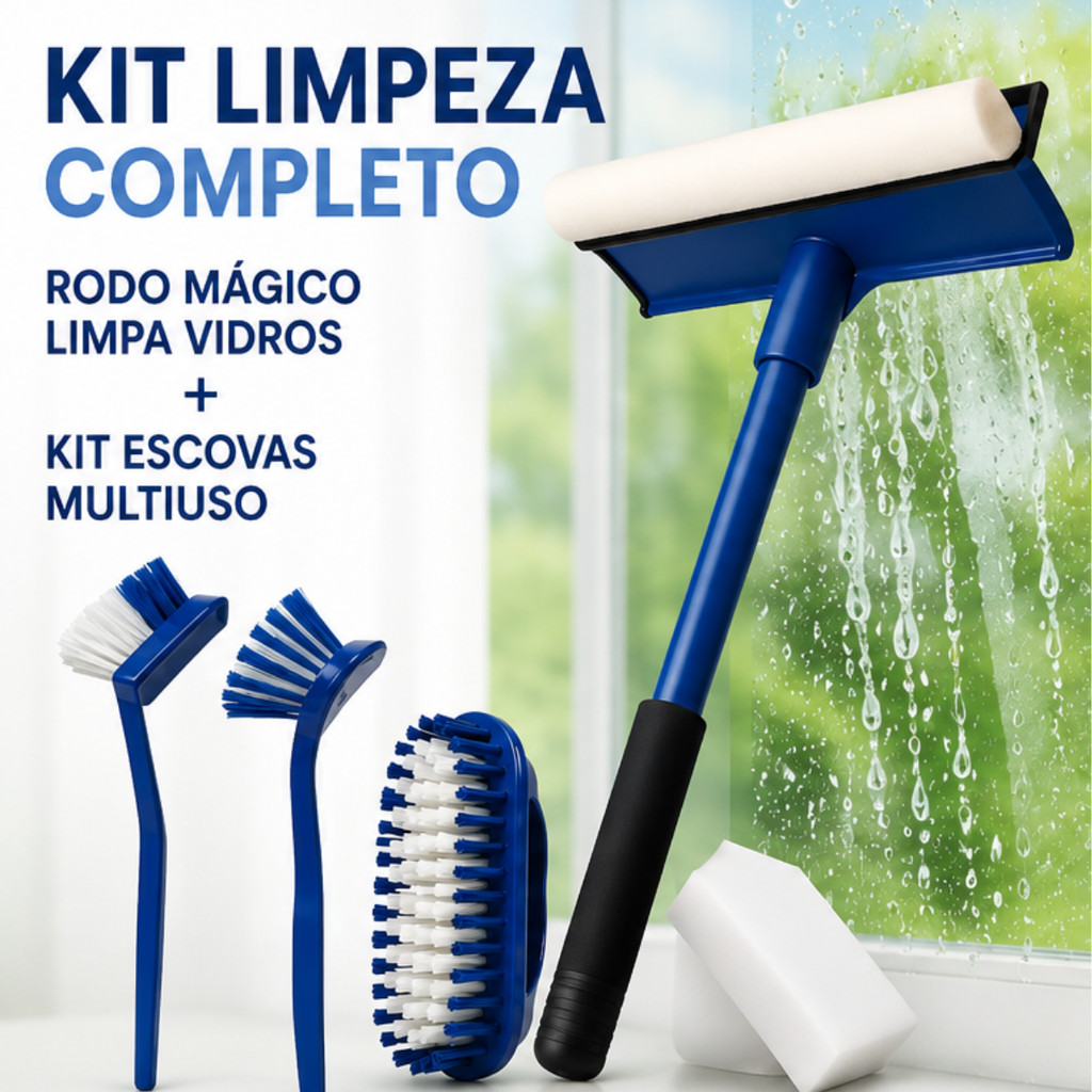 KIT Limpeza Mop Rodo Mágico Limpa Vidros Janelas + Escovas Multiuso Faxina Pisos Banheiro Roupa
