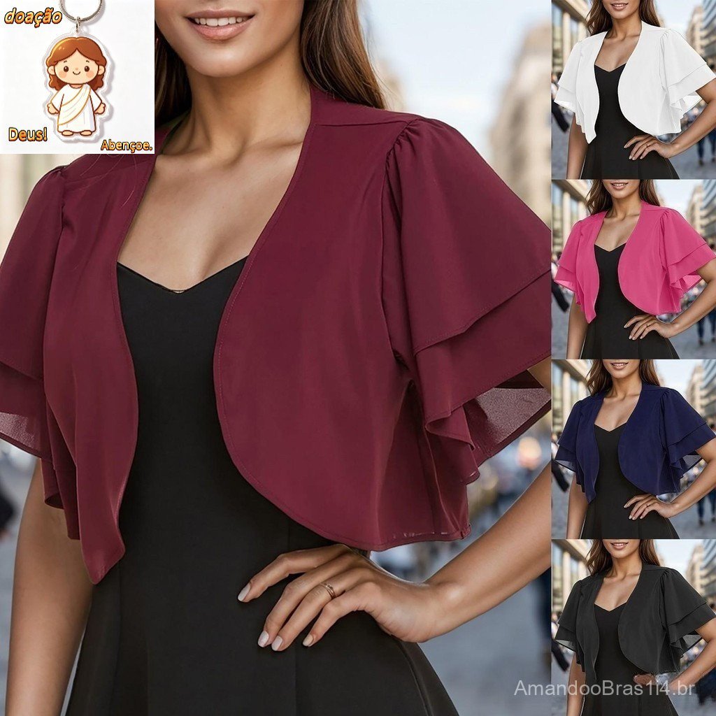 Moda feminina de cor sólida de manga curta Bolero cardigã de chiffon
