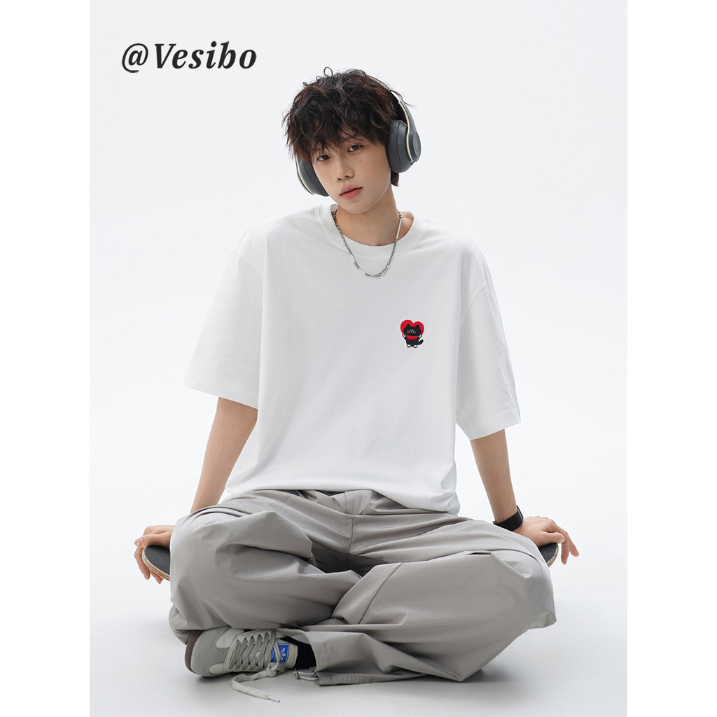Street Wear dos desenhos animados diversão impresso camiseta masculina verão americano solto casal de manga curta High s