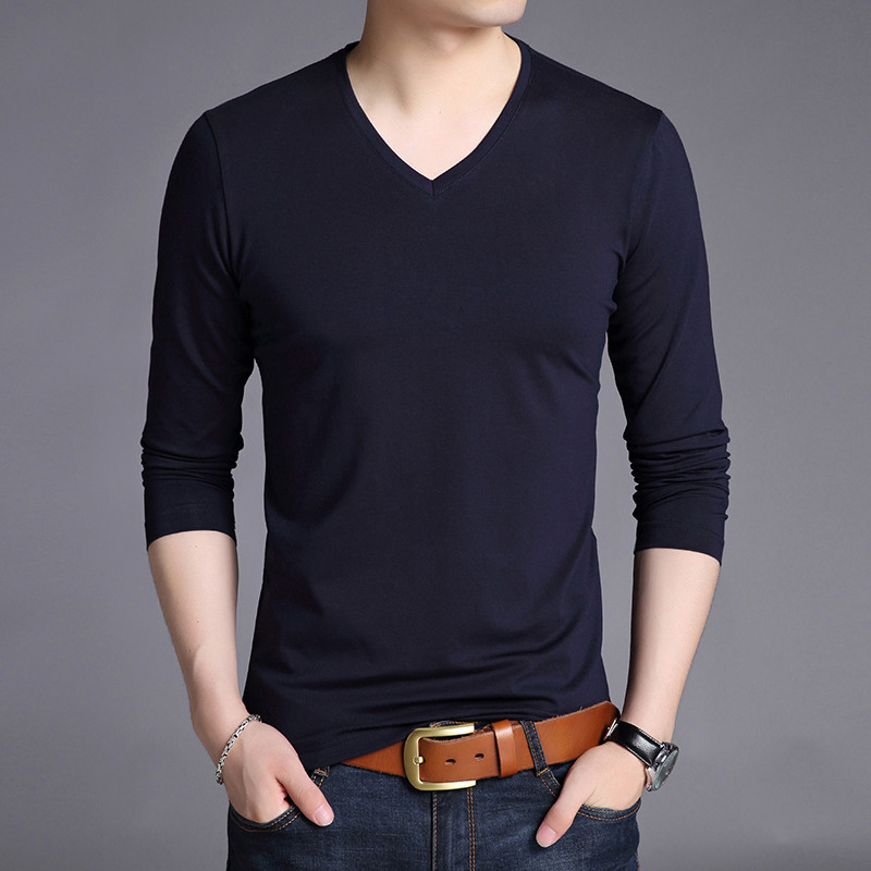 Camiseta masculina de manga comprida, camiseta de algodão de cor sólida com coração de frango e decote em V, camisa de f
