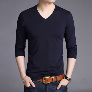 Camiseta masculina de manga comprida, camiseta de algodão de cor sólida com coração de frango e decote em V, camisa de f
