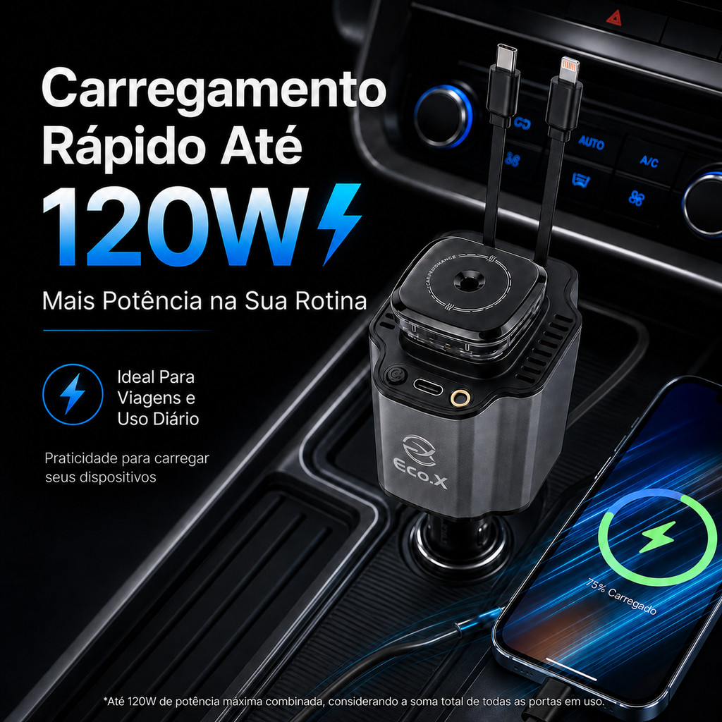 Carregador Veicular 6 Em 1 120W Com USB C Cabos Retráteis Aromatizador E Quebra Vidro — imagem 2 de 2