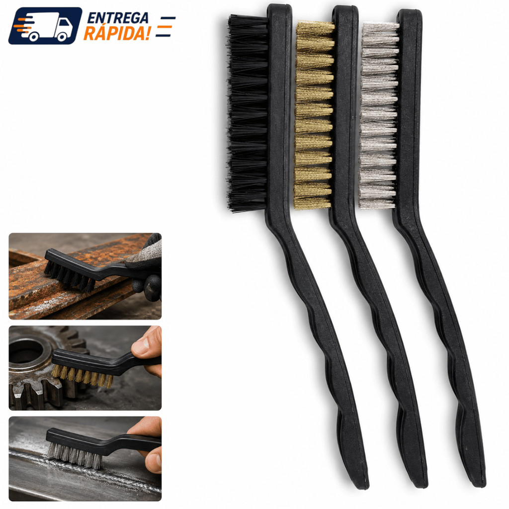 Kit Escova de Limpeza Multiuso 3 ou 6 Peças Aço Inox Latão Nylon Rejunte Churrasqueira Cozinha Fogão